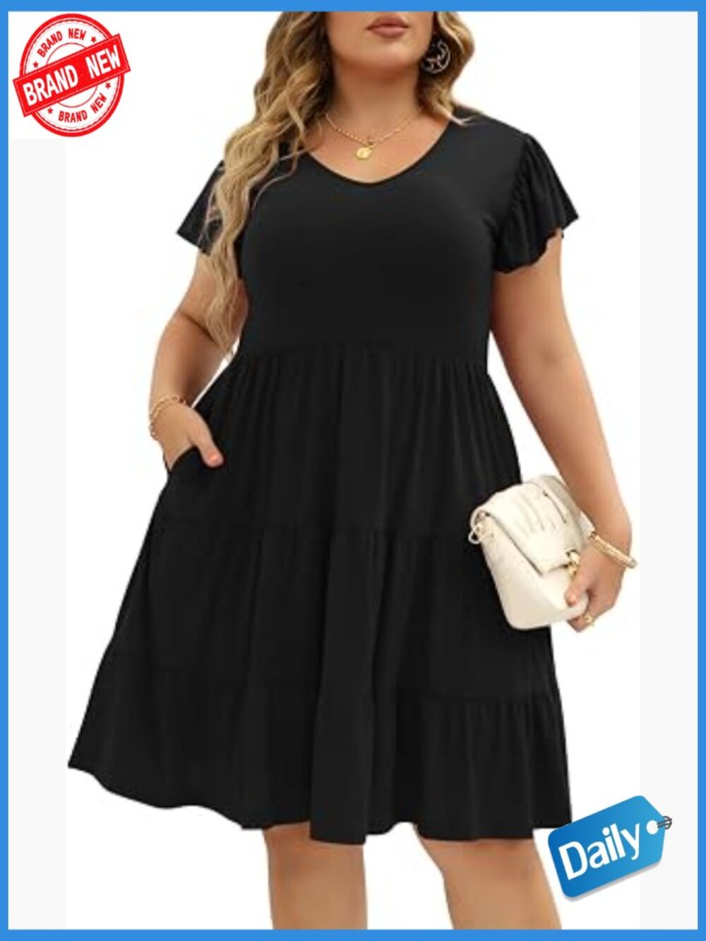 Plus Size Midi T-Shirt Dress with Pockets Short Ruffle Sleeve Empire Waist